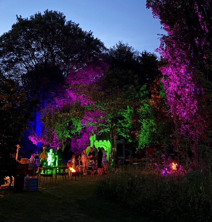 Verlichte bomen en bezoekers tijdens bruiloft in tuin