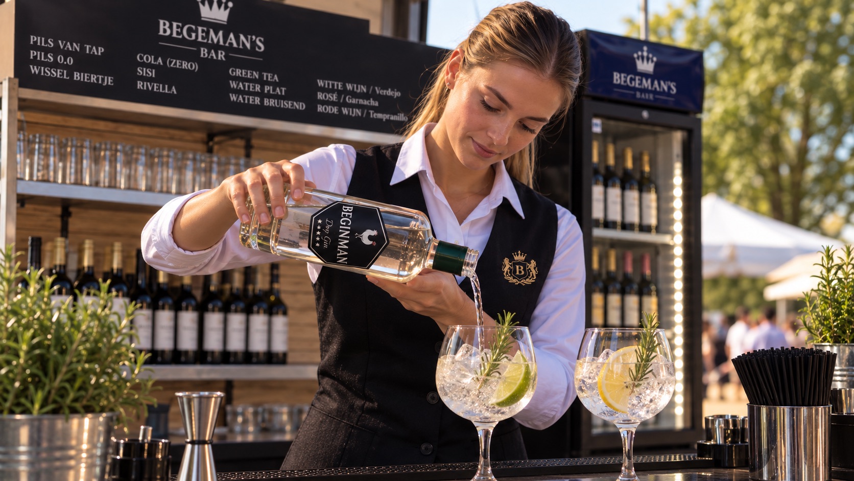 Barvrouw schenkt gin in cocktailglas bij buitenbar